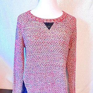 Colorful long sleeve waffle knit sweater top with black leather accents